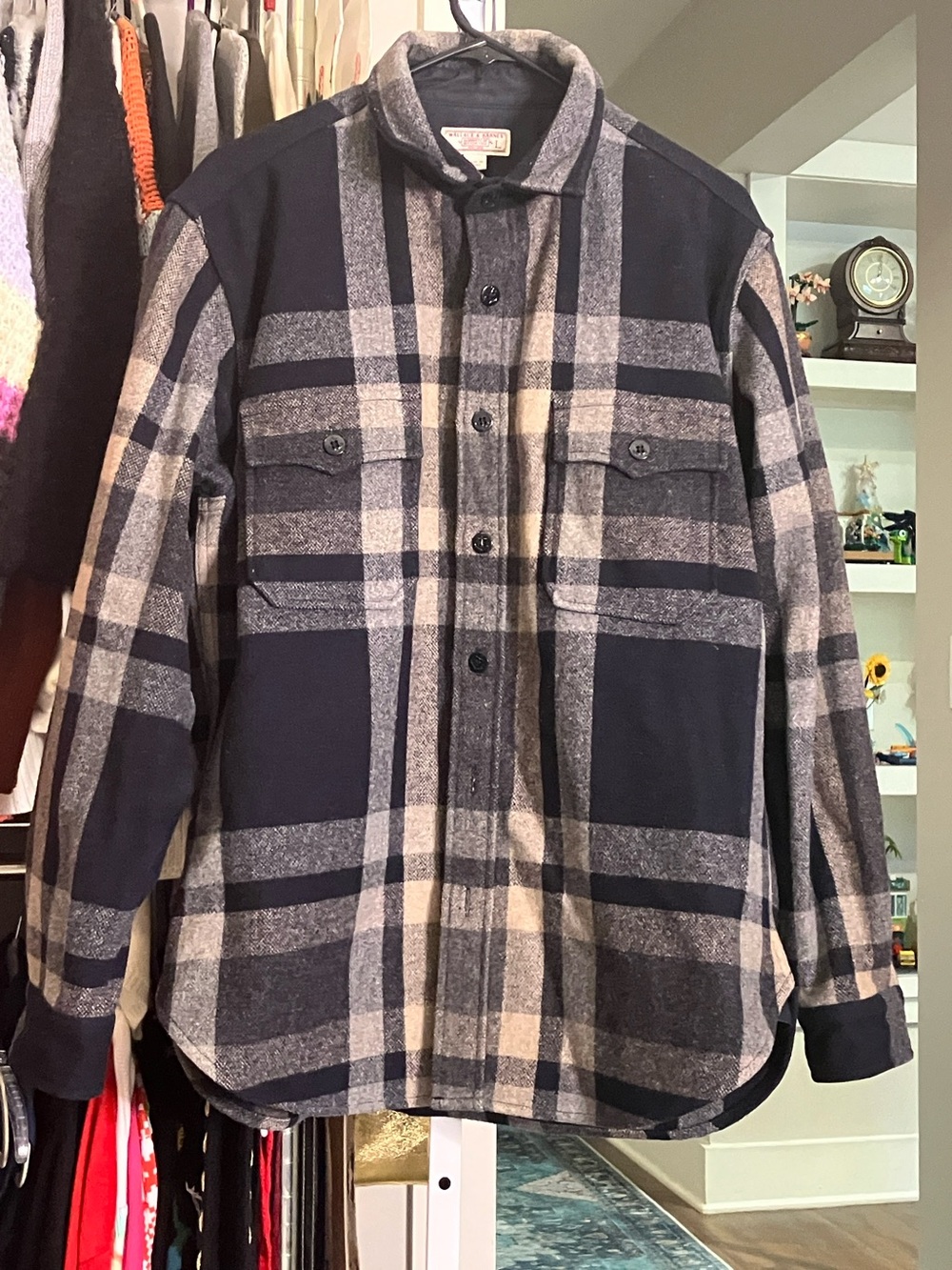 J. Crew Men's Navy and Gray Plaid Button-Up Shirt Jacket
